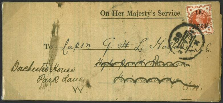 I. R. Official 1/2d vermilion on cover