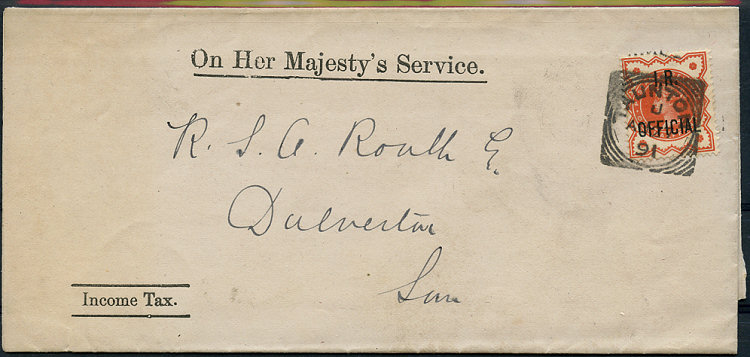 I. R. Official 1/2d vermilion on cover