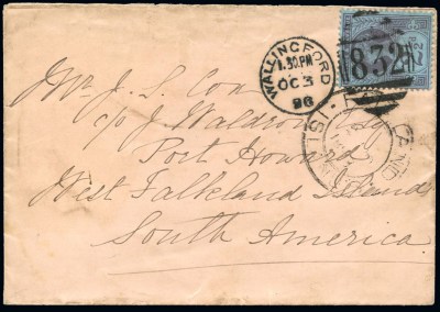 1887 Jubilee 2 1/2d on cover to Falkland Islands